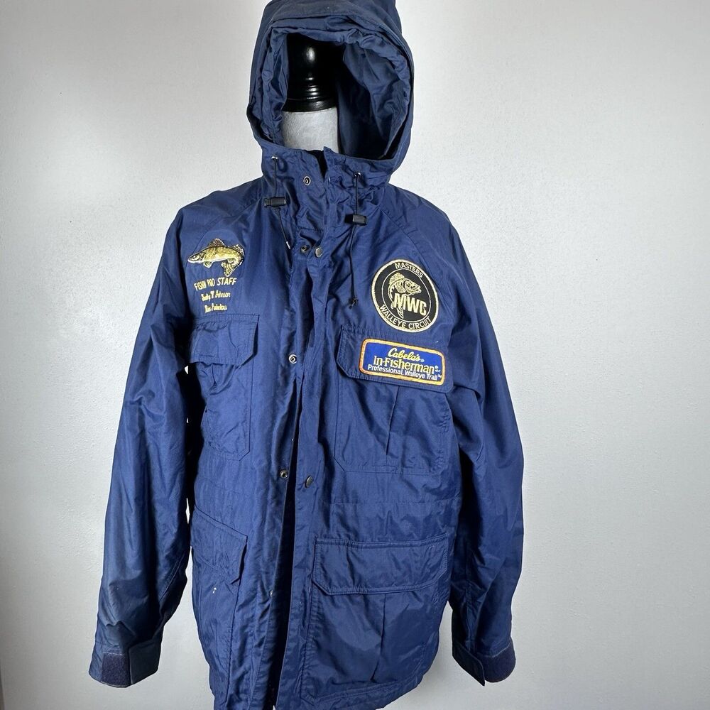 Cabela's Gore-Tex Navy Blue Rain Jacket XL Fishing Pro Employee Master Walleye